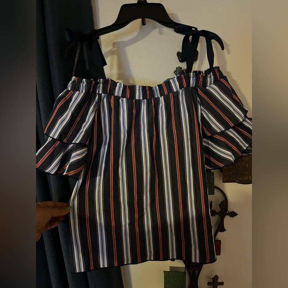 Junior’s Size Large Blue/reddish/white striped Blouse